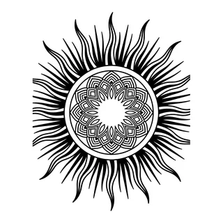Black and white blackwork sun tattoo design, drawn flat for a neck tattoo