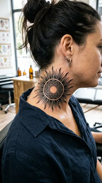 Sun tattoo on the neck
