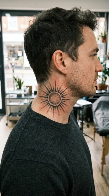 Black and grey dotwork sun tattoo on a man's neck