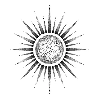 Black and grey dotwork sun tattoo design, drawn flat for a neck tattoo