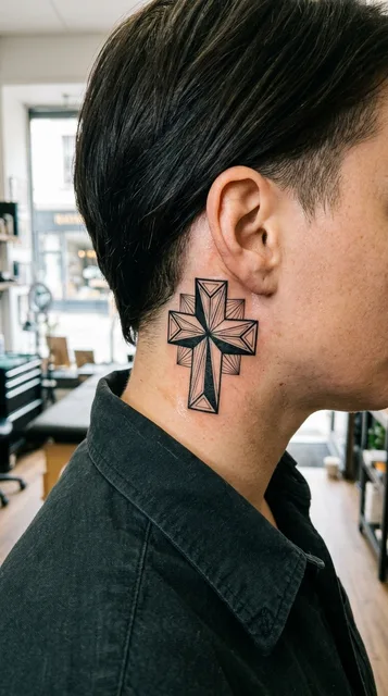 Black and white geometric cross tattoo on a man's neck