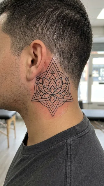 Black and white geometric lotus tattoo on a man's neck