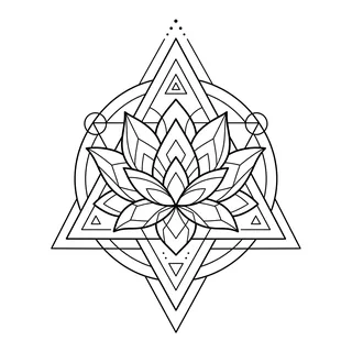 Black and white geometric lotus tattoo design, outline stencil for a neck tattoo