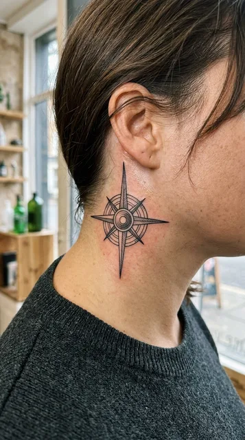 Black and white linework compass tattoo on a woman's neck