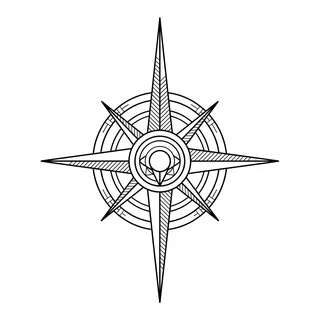Black and white linework compass tattoo design, outline stencil for a neck tattoo