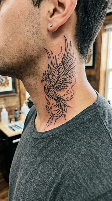 Black and white linework phoenix tattoo on a man's neck