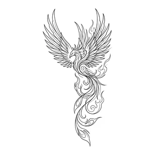 Black and white linework phoenix tattoo design, outline stencil for a neck tattoo