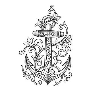Black and grey ornamental anchor tattoo design, drawn flat for a neck tattoo