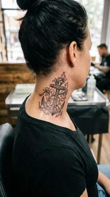 Black and grey ornamental anchor tattoo on a woman's neck
