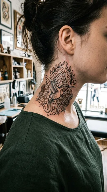Black and grey ornamental hummingbird tattoo on a woman's neck
