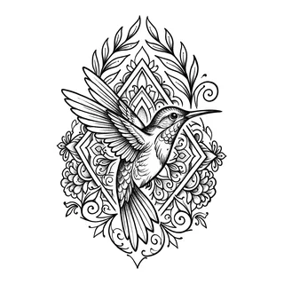 Black and grey ornamental hummingbird tattoo design, drawn flat for a neck tattoo