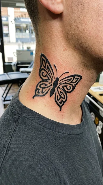 Butterfly tattoo on the neck