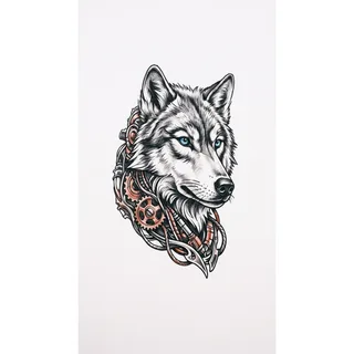Color biomechanical wolf tattoo design, drawn flat for a neck tattoo