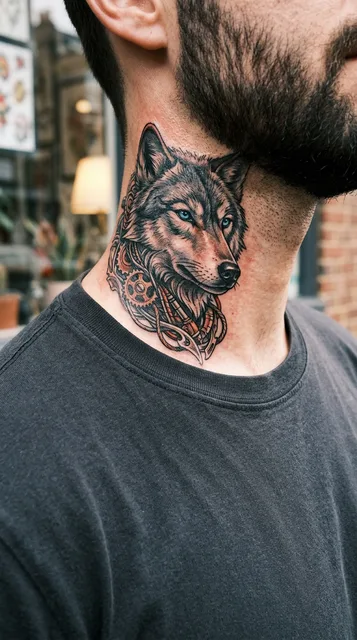Color biomechanical wolf tattoo on a man's neck