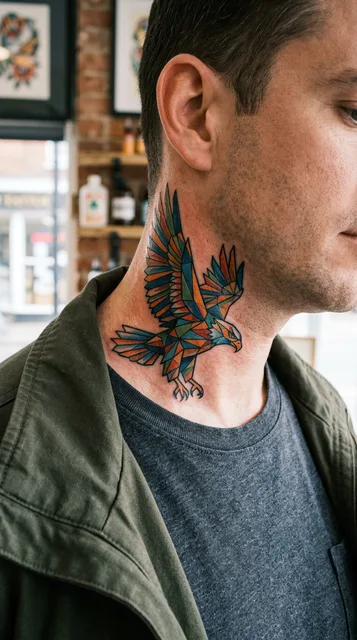 Color geometric eagle tattoo on a man's neck