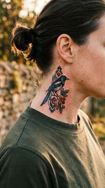 Color geometric tattoo on a woman's neck