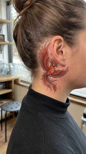 Color illustrative phoenix tattoo on a woman's neck