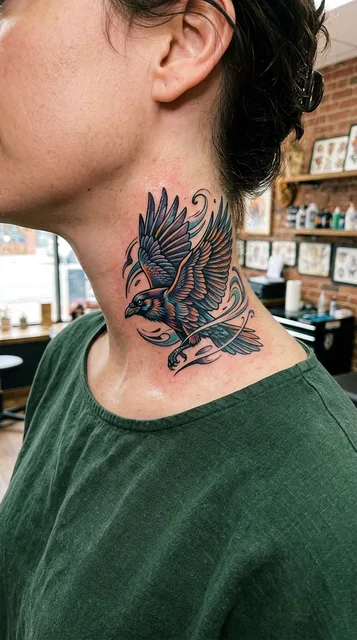 Color illustrative raven tattoo on a woman's neck