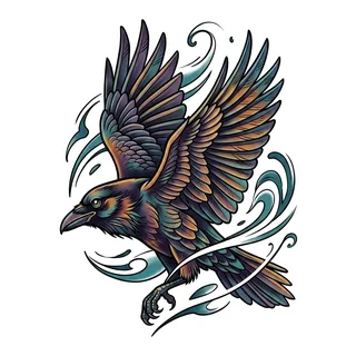 Color illustrative raven tattoo design, drawn flat for a neck tattoo