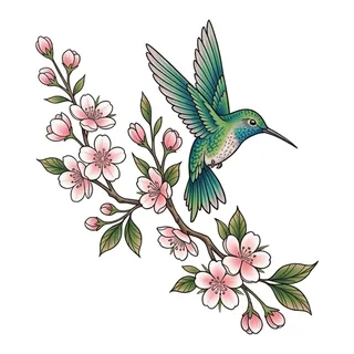 Color Japanese hummingbird tattoo design, drawn flat for a neck tattoo