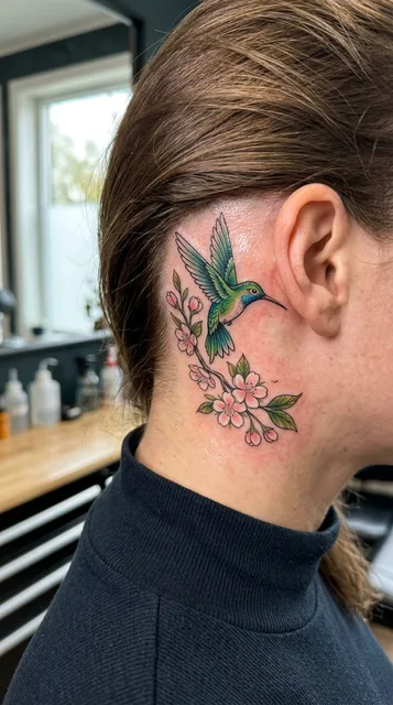 Hummingbird tattoo on the neck