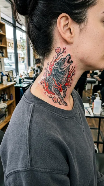 Color Japanese wolf tattoo on a woman's neck