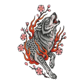 Color Japanese wolf tattoo design, drawn flat for a neck tattoo