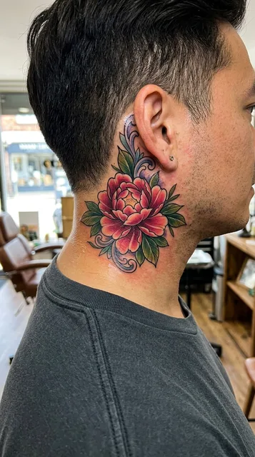 Color neo traditional peony tattoo on a man's neck