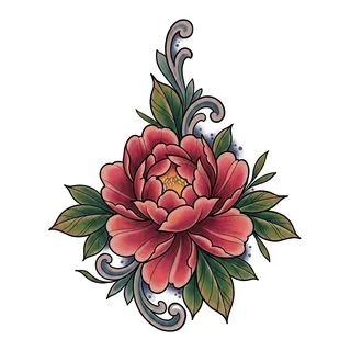 Color neo traditional peony tattoo design, drawn flat for a neck tattoo