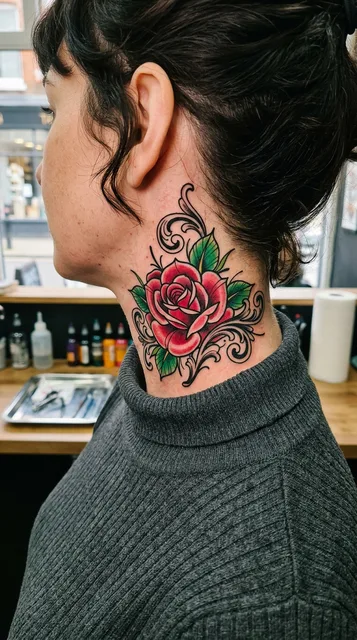 Color neo traditional rose tattoo on a woman's neck