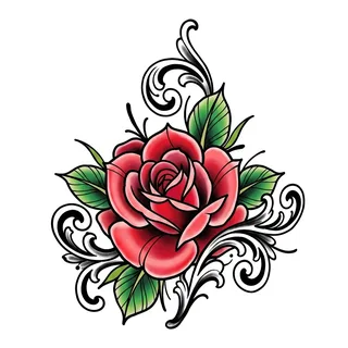 Color neo traditional rose tattoo design, drawn flat for a neck tattoo