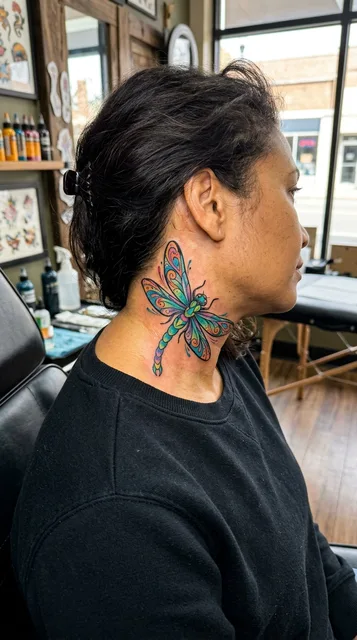 Color new school dragonfly tattoo on a woman's neck