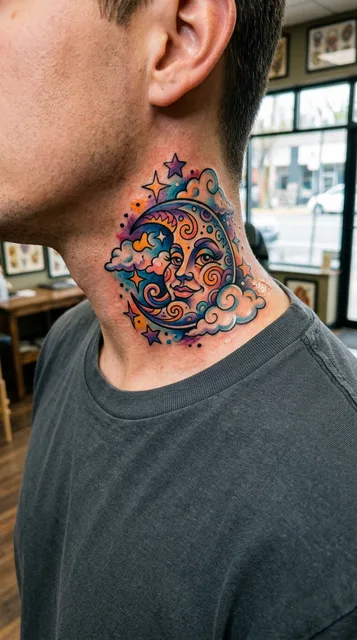 Color new school moon tattoo on a man's neck