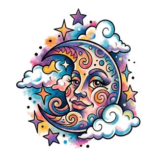 Color new school moon tattoo design, drawn flat for a neck tattoo