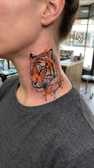 Color watercolor tiger tattoo on a woman's neck