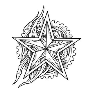 Black and grey biomechanical star tattoo design, drawn flat for a palm tattoo