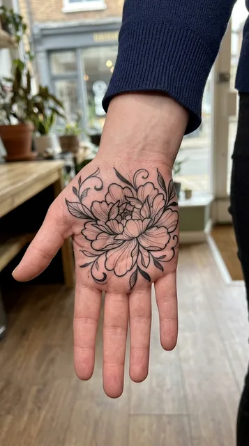 Black and white blackwork flower tattoo on a woman's palm