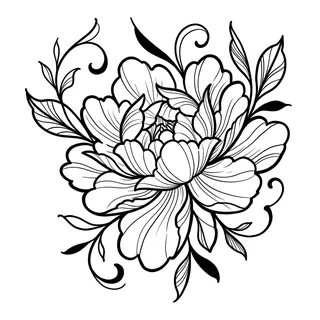 Black and white blackwork flower tattoo design, drawn flat for a palm tattoo