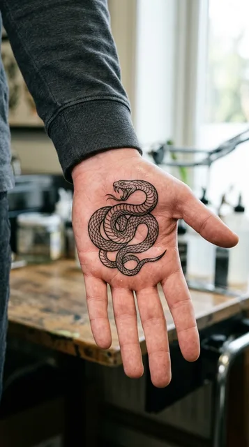 Black and white blackwork snake tattoo on a man's palm