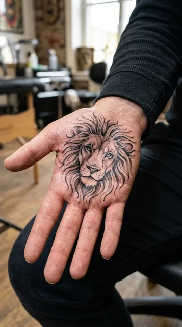 Lion tattoo on the palm