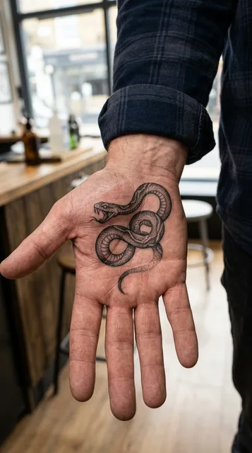 Black and grey dotwork snake tattoo on a man's palm