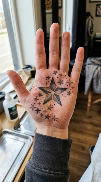 Black and grey dotwork stars tattoo on a woman's palm