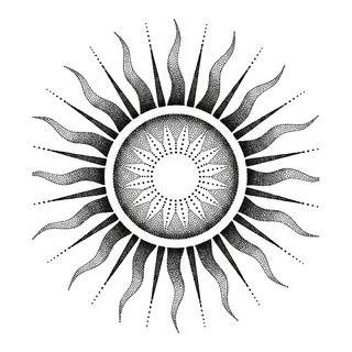 Black and grey dotwork sun tattoo design, drawn flat for a palm tattoo