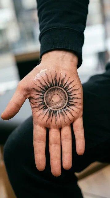 Black and grey dotwork sun tattoo on a man's palm