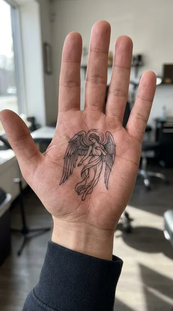 Black and white fine line angel tattoo on a man's palm