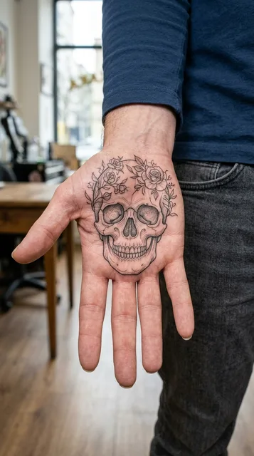 Black and white fine line skull tattoo on a man's palm