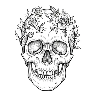 Black and white fine line skull tattoo design, outline stencil for a palm tattoo