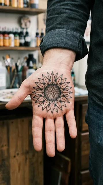 Black and white geometric sunflower tattoo on a man's palm