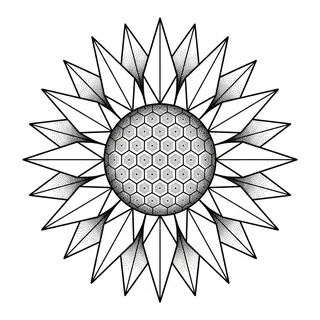 Black and white geometric sunflower tattoo design, outline stencil for a palm tattoo
