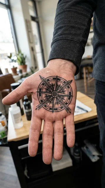 Black and grey illustrative compass tattoo on a man's palm